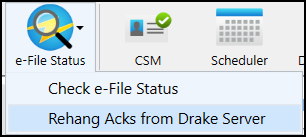 Image showing the e-File Status icon with the Repost Acks from Drake Server option.